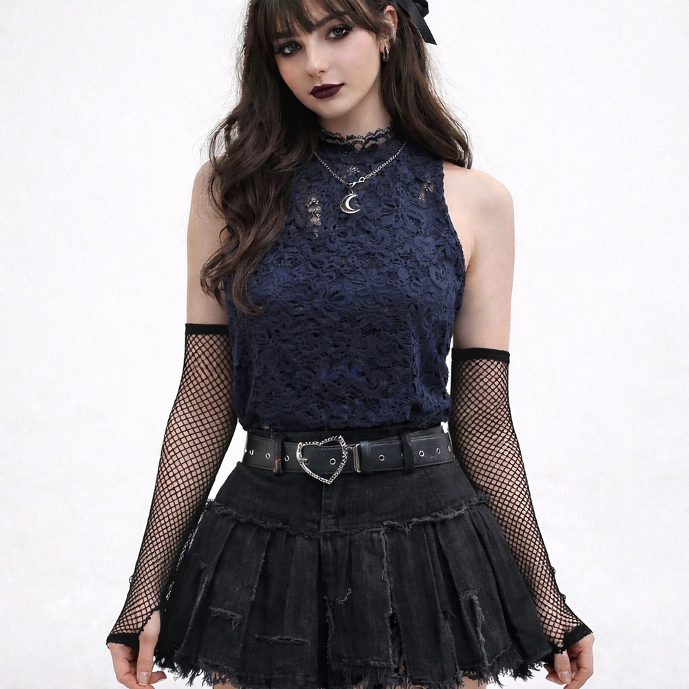 Apt 9 Womens Sleeveless Tank Top Navy Blue Floral Lace Overlay Whimsigoth NWT